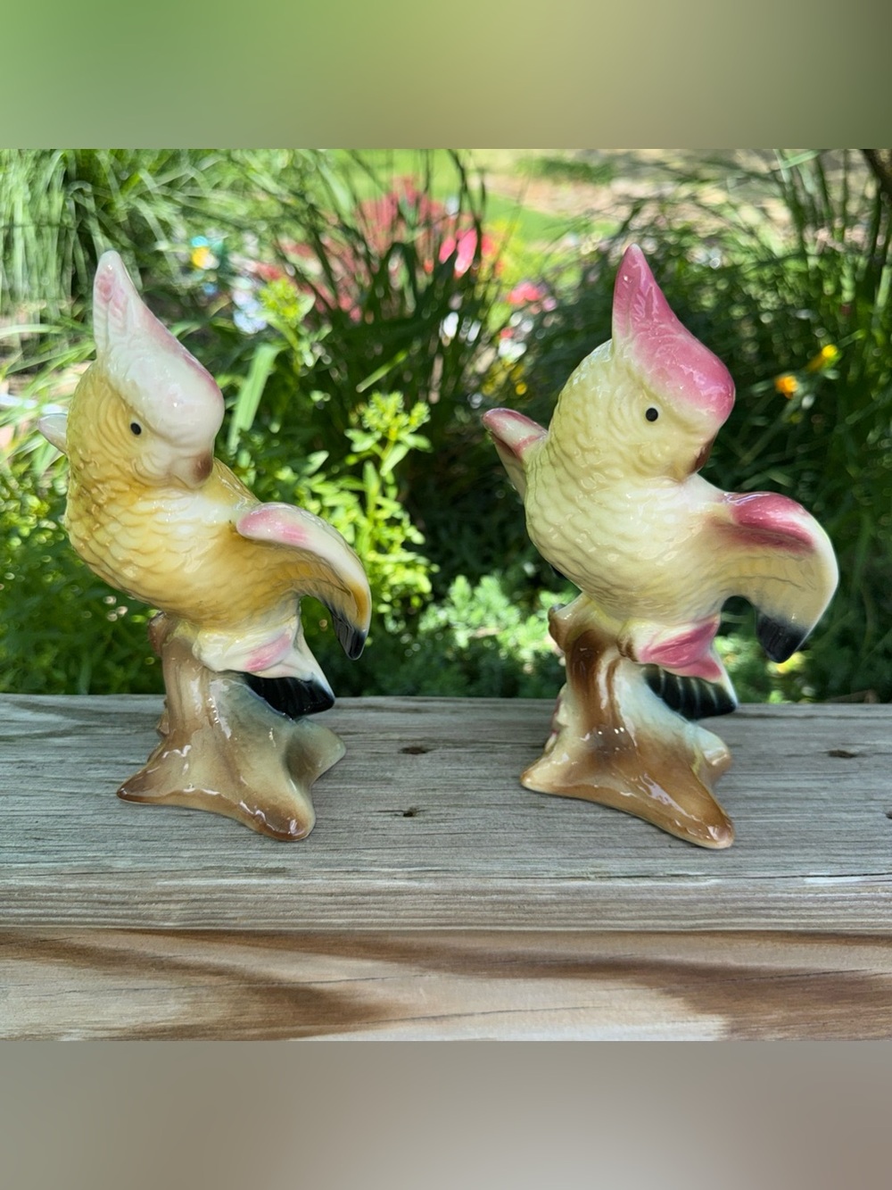 Ceramic Cockatoo Figurine Pair in Cream and Pink - Decorative Home Accent